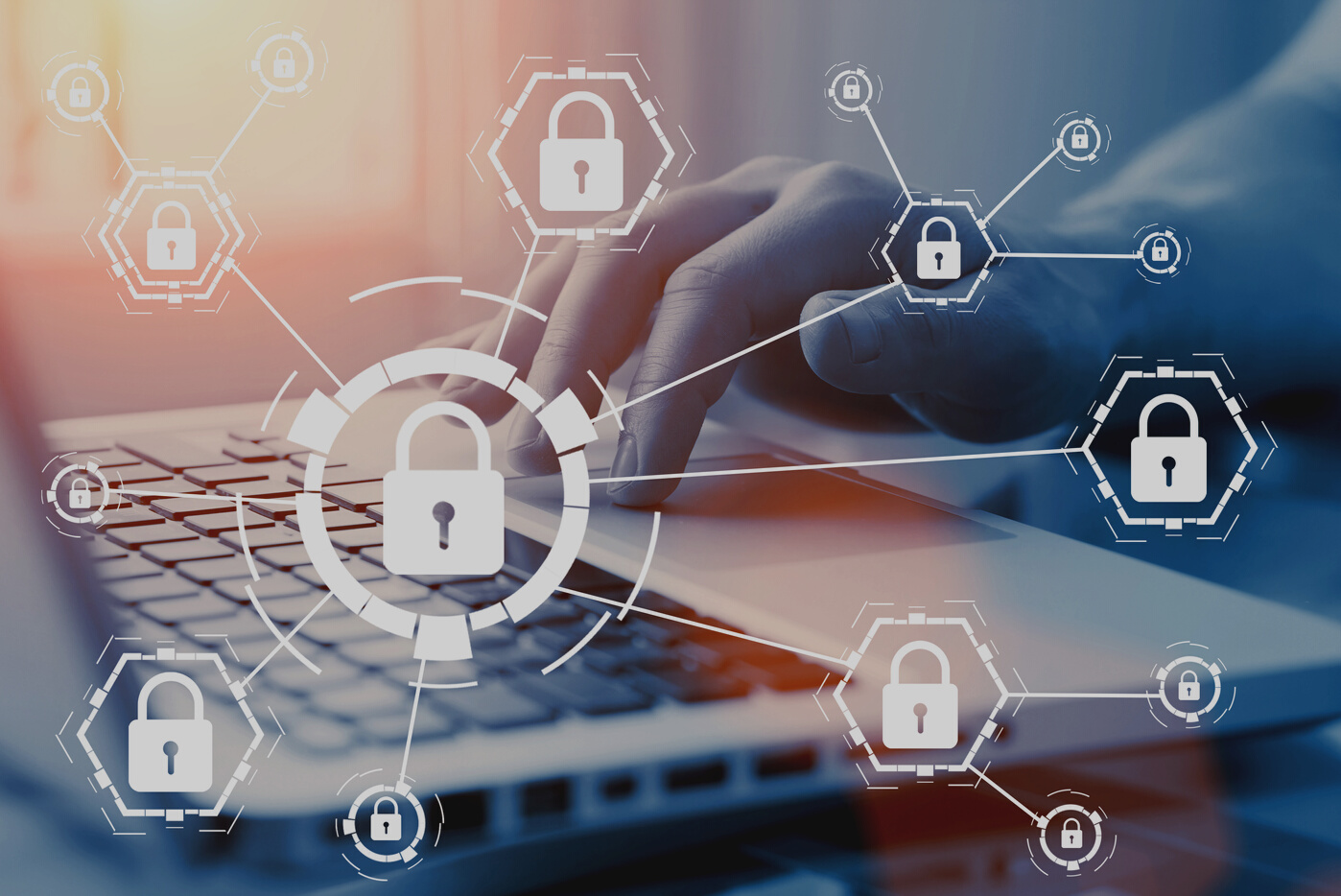 Online internet secure payment and network safe communication and banking concept. Person pay in web via computer. Locks and padlocks on diagram.